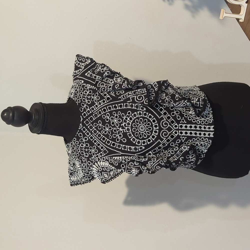 Karina Grimaldi Black White Ruffle Eyelet Top